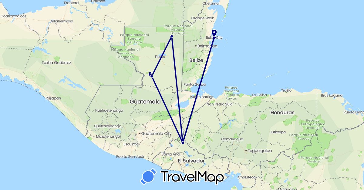 TravelMap itinerary: driving in Belize, Guatemala, El Salvador (North America)
